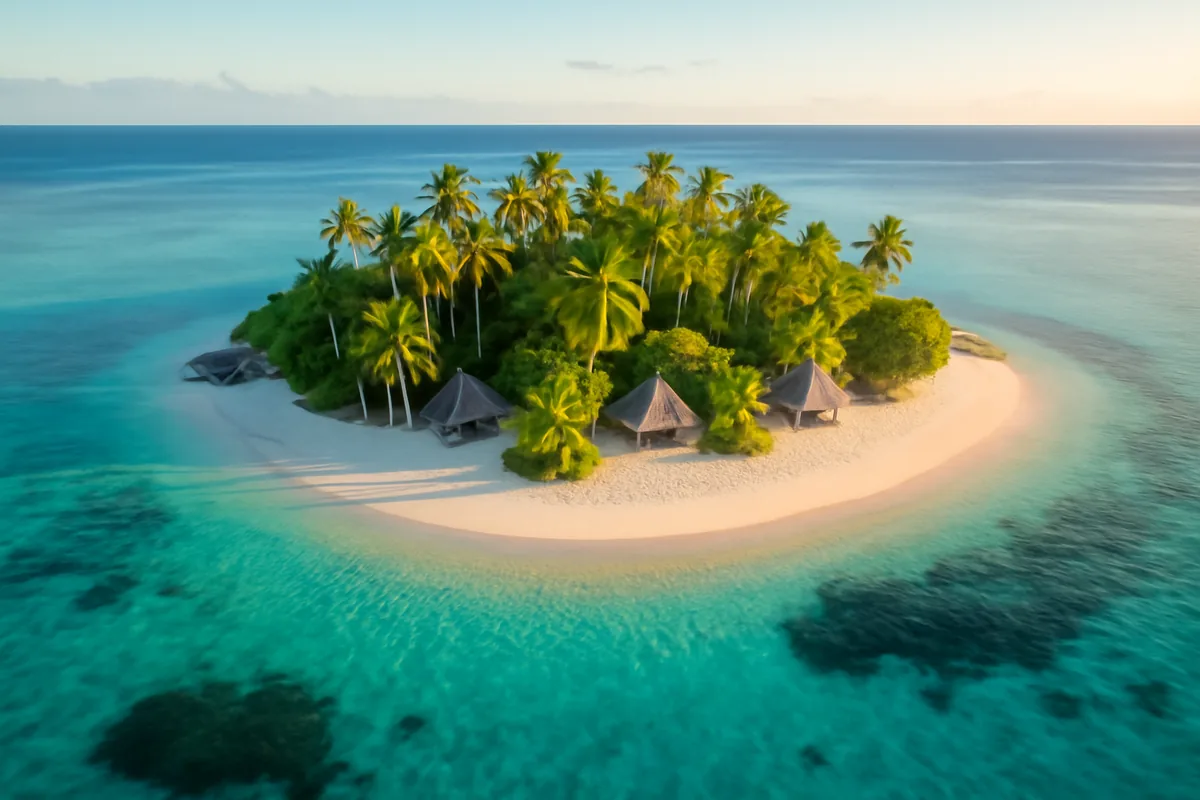 Aerial view of a pristine Fijian tropical island surrounded by turquoise lagoon waters, with white sandy beach, palm trees, and traditional bungalows under golden afternoon light