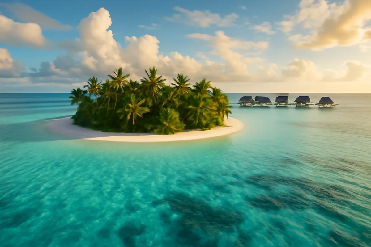 A stunning aerial view of a pristine Fijian tropical island surrounded by turquoise lagoon waters, with palm trees and overwater bungalows under a bright South Pacific sky