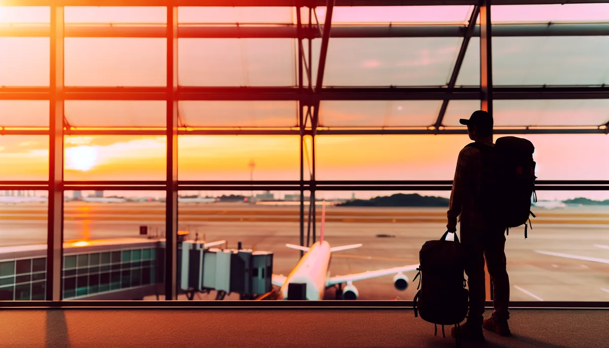 Silhouette of a traveler with backpack at airport departure gate during sunset, with planes visible on the tarmac through large windows