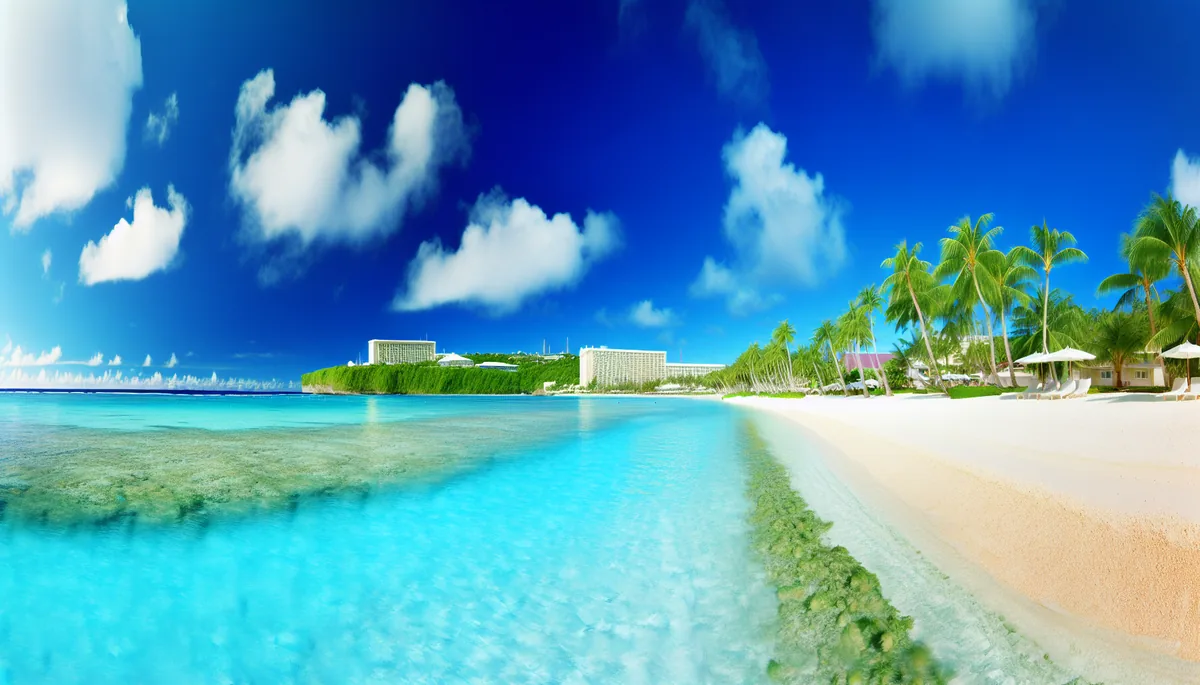 Beautiful aerial view of Tumon Beach in Guam showing turquoise waters, white sandy beach, palm trees, and resort buildings under bright tropical sunlight
