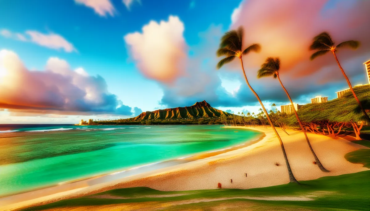 Beautiful Hawaiian beach scene with turquoise ocean waters, white sandy shore, palm trees, and Diamond Head crater in the background during golden hour