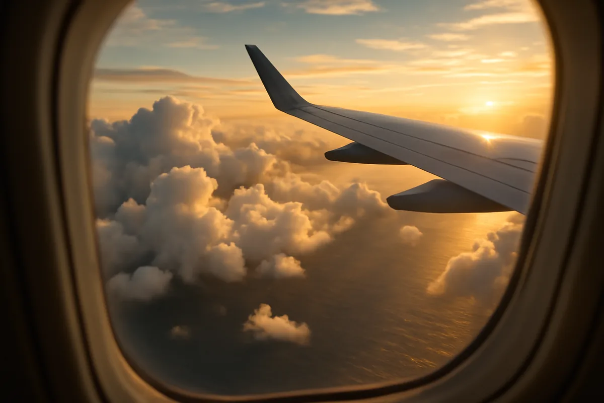 View from an airplane window overlooking a vast cloudscape illuminated by golden sunlight above the ocean, evoking the experience of long-haul international flight