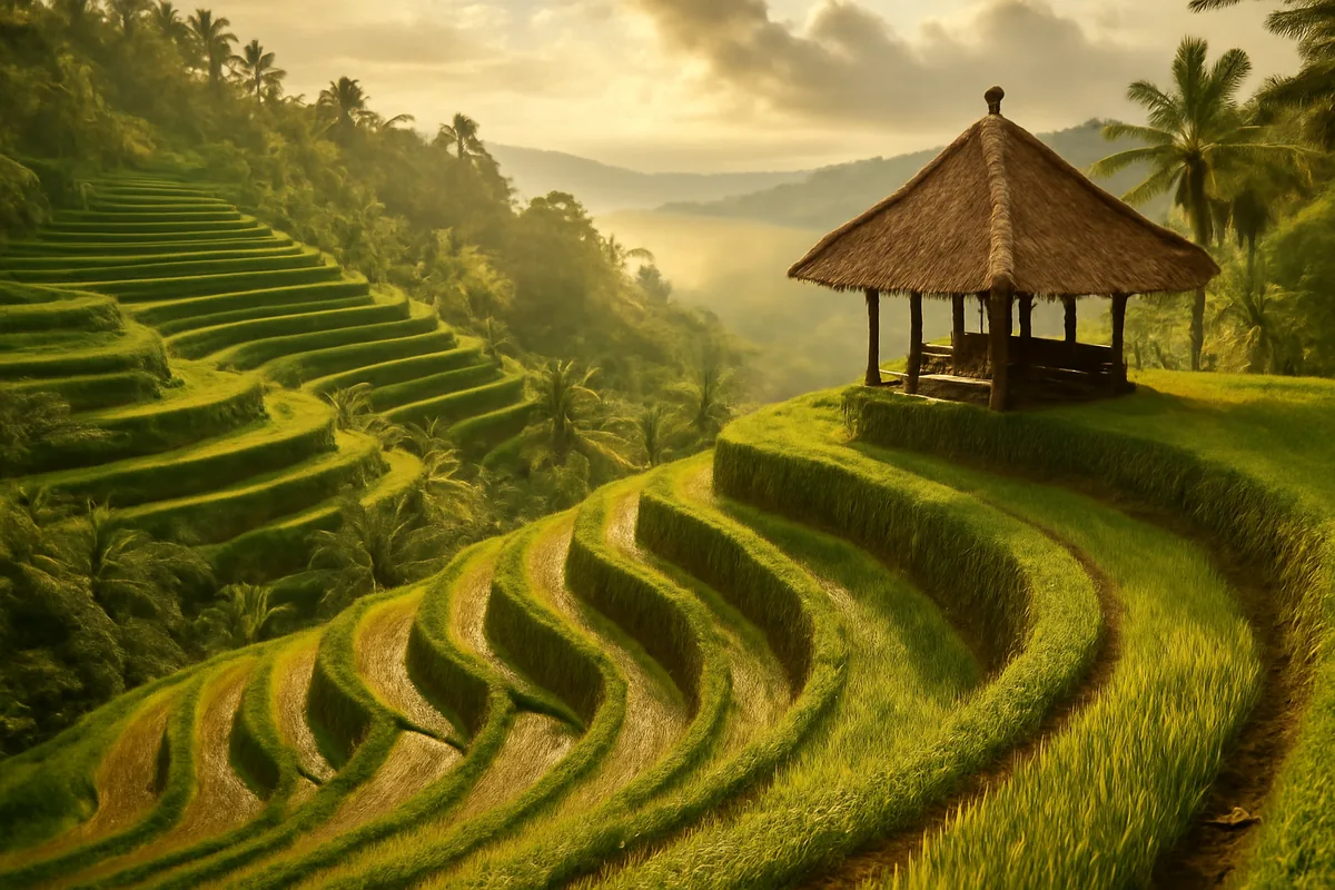 Lush green terraced rice fields in Bali, Indonesia, bathed in warm golden morning light with a traditional pavilion overlooking the misty tropical valley
