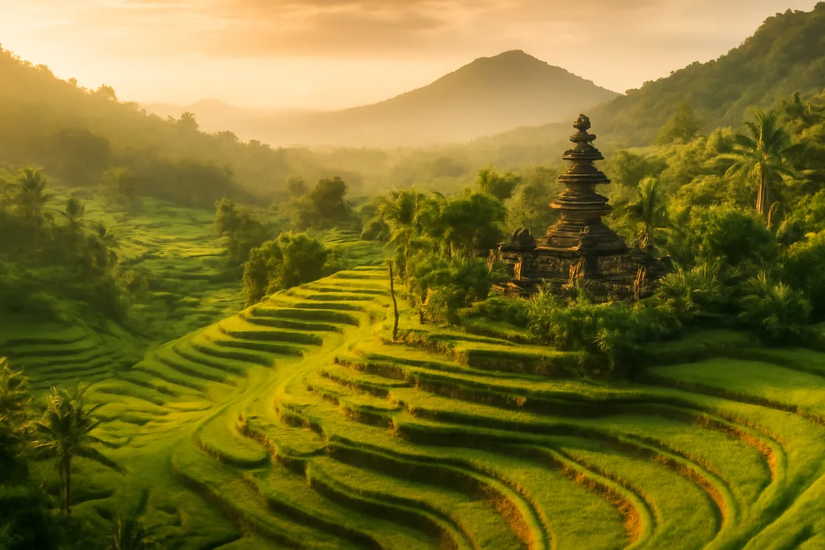 Aerial view of Bali's lush green rice terraces with a traditional Balinese temple surrounded by tropical jungle, bathed in warm golden hour light