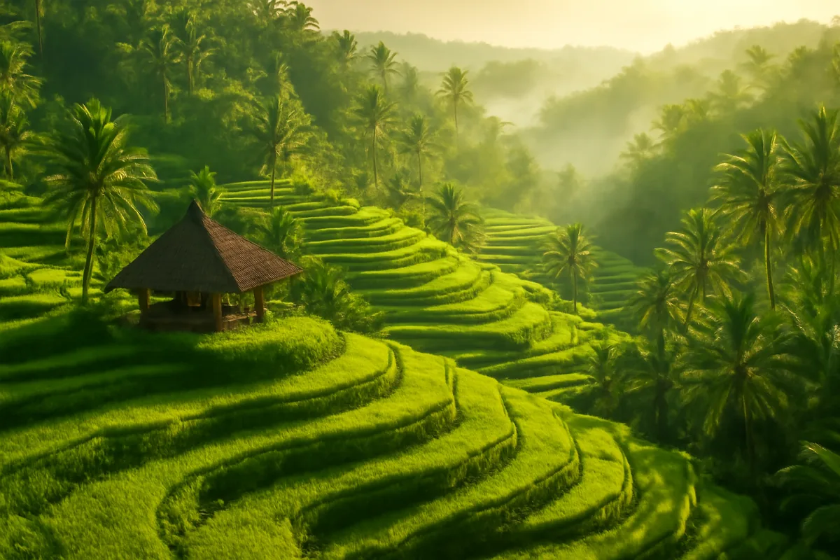Aerial view of lush green Balinese rice terraces cascading down hillsides with tropical palm trees and a traditional pavilion in soft morning golden light