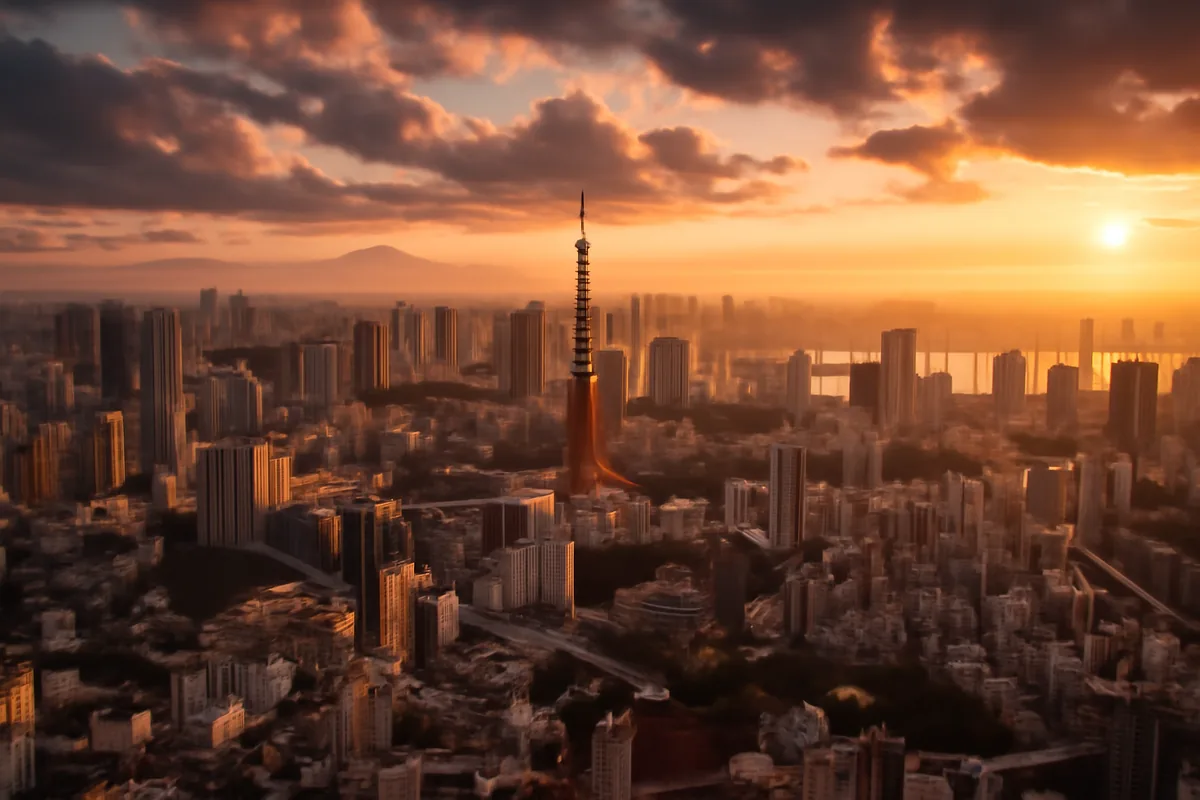 Aerial panoramic view of Tokyo cityscape at golden hour with Tokyo Tower visible and Mount Fuji silhouetted in the distant hazy background