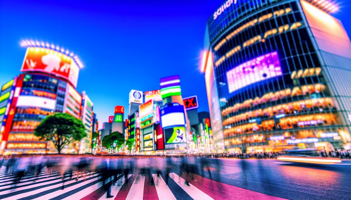 Evening view of a busy Tokyo street intersection with modern buildings, neon lighting, and blurred pedestrian movement