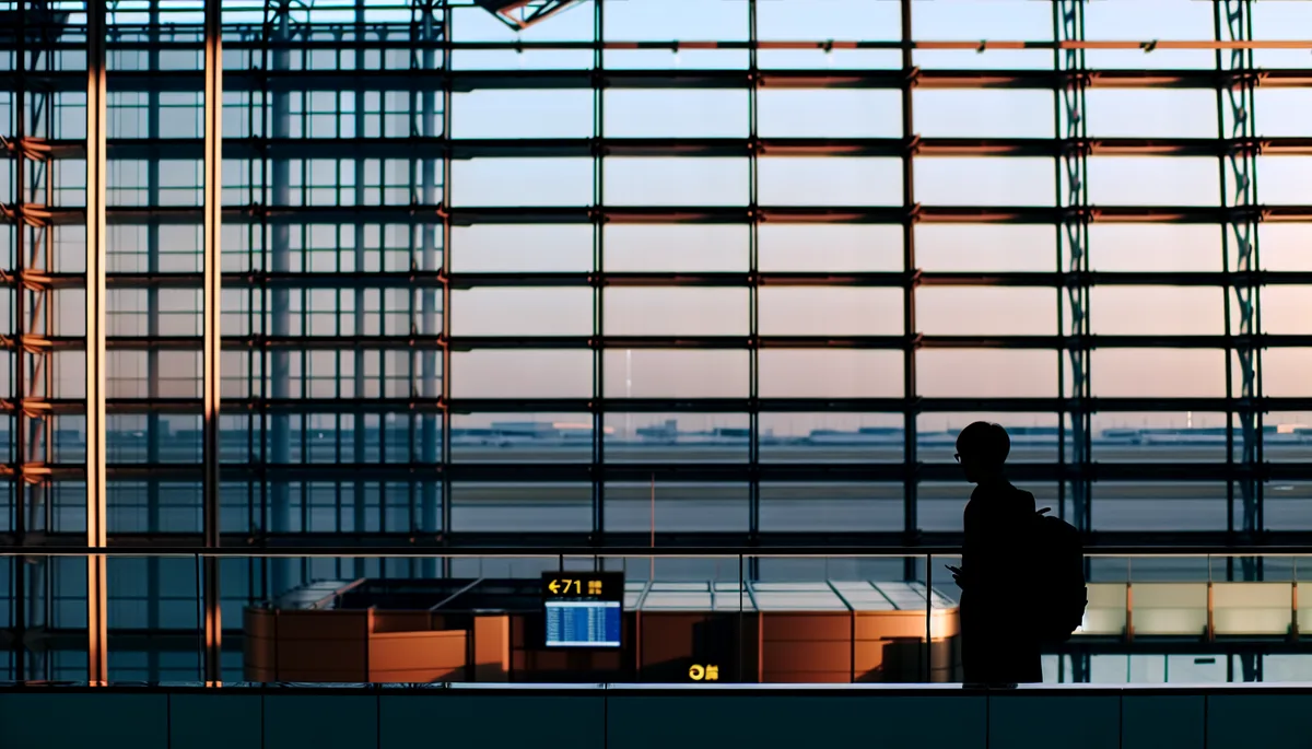 Silhouette of a traveler standing at a modern airport terminal window during evening hours, with soft lighting and contemporary architecture visible