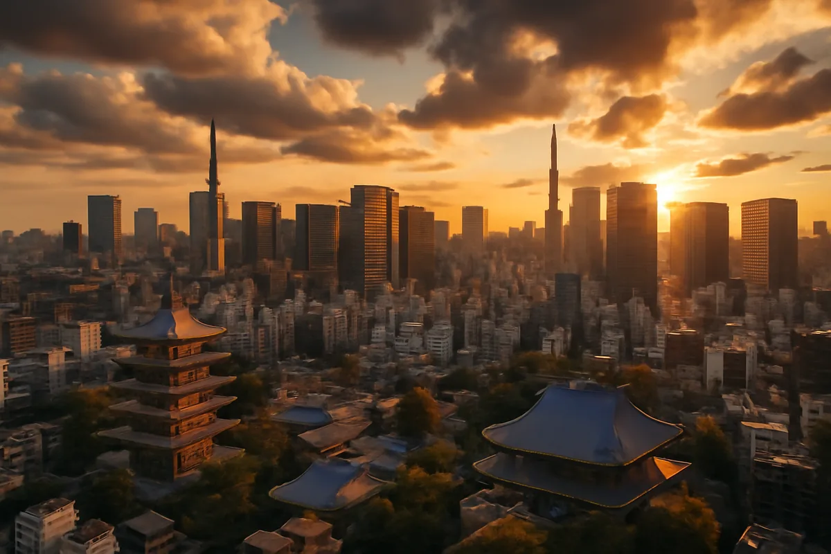 Aerial panoramic view of Tokyo's skyline at golden hour, blending traditional Japanese temple rooftops with modern glass skyscrapers under a warm, glowing sky