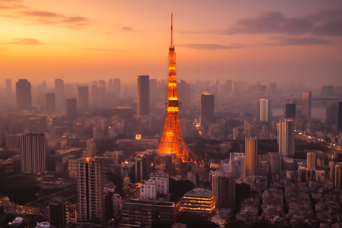Aerial panoramic view of the Tokyo cityscape at golden hour, with Tokyo Tower illuminated against a warm sunset sky and a soft haze over the sprawling urban landscape.