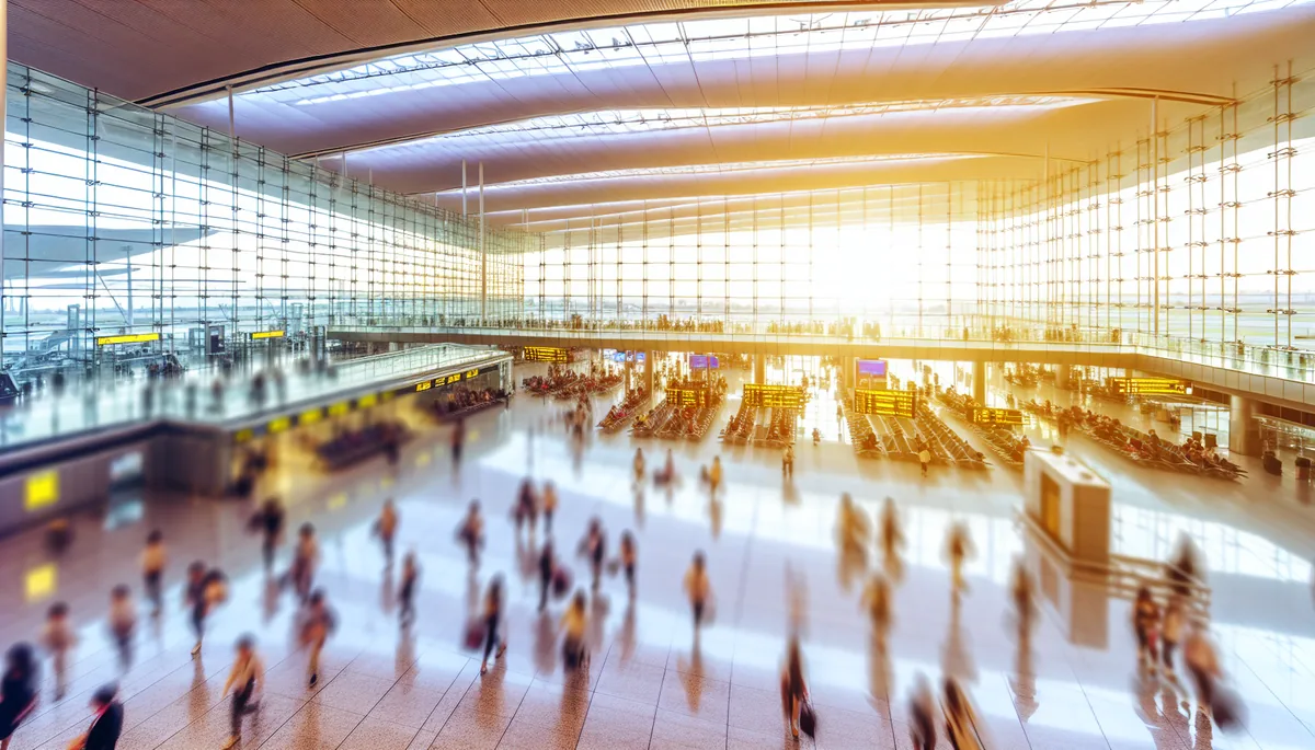 Wide-angle view of a modern international airport terminal with travelers walking through the departure area, featuring glass architecture and warm natural lighting
