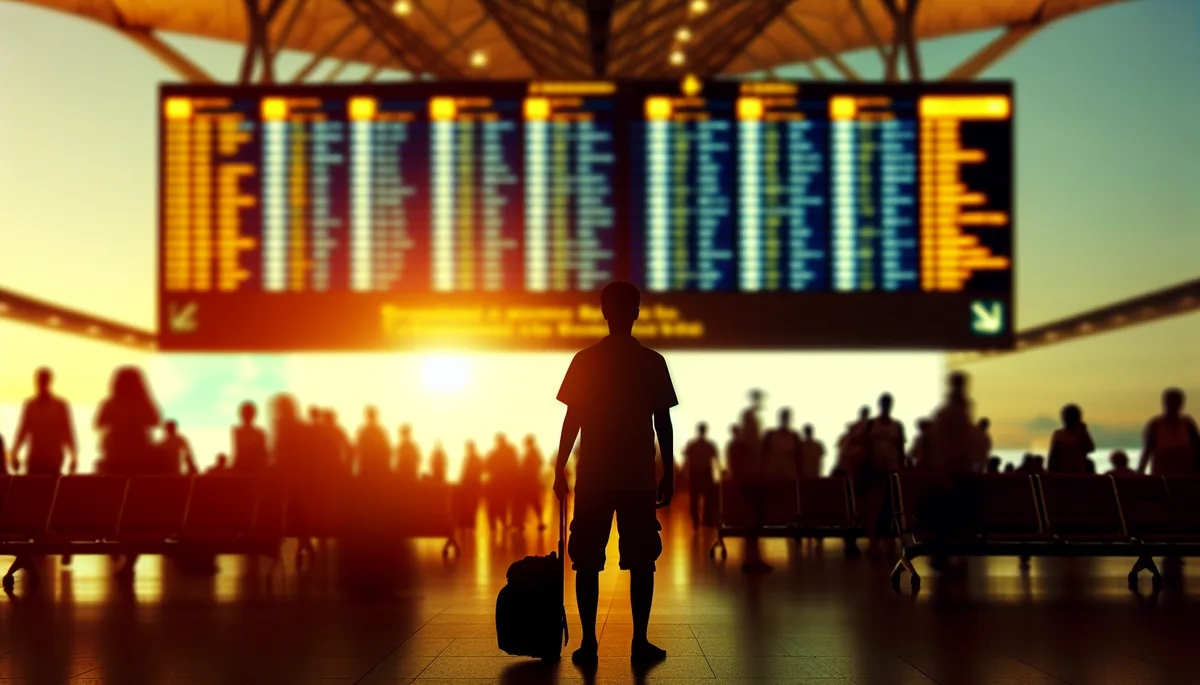 Silhouette of a traveler standing in a busy international airport terminal with departure boards and crowds in the background during golden hour