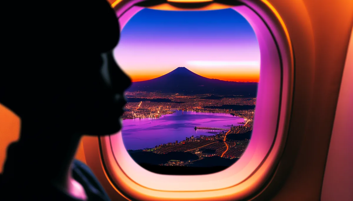 Airplane window view of Japanese cityscape at sunset with Mount Fuji in the distance, showing a traveler's silhouette looking out the window