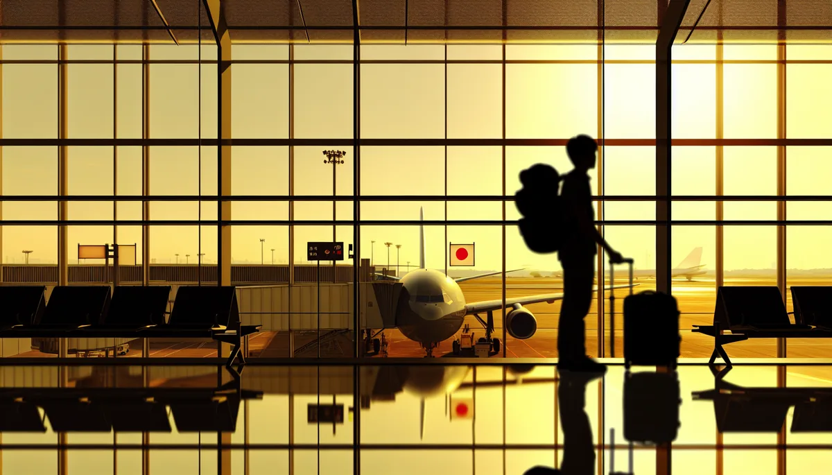 Silhouette of a traveler with backpack standing at an airport departure gate during golden hour, overlooking planes on the tarmac through large windows