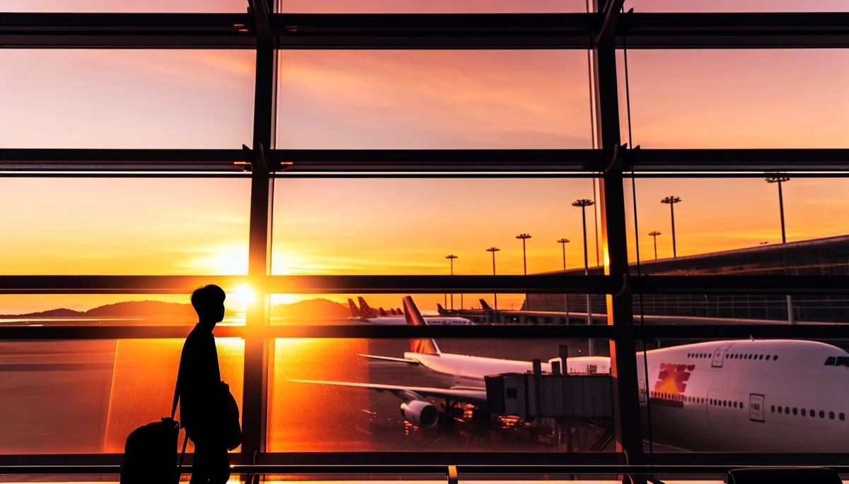 Silhouette of a traveler at an airport terminal window during sunset, with aircraft visible on the tarmac in the background