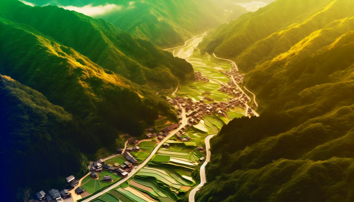 Aerial view of a scenic winding road through Japanese countryside with traditional villages and misty mountains