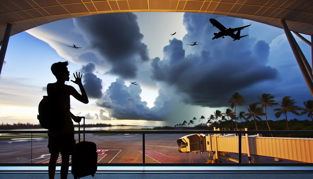 Silhouette of a traveler at an airport gate with stormy clouds over a tropical destination, suggesting travel concerns and unexpected challenges