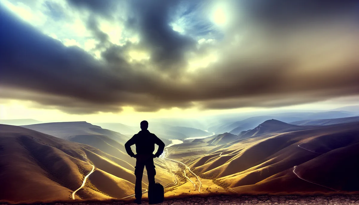 Silhouette of a traveler standing alone on a mountain overlook, gazing at a vast valley landscape under a dramatic cloudy sky