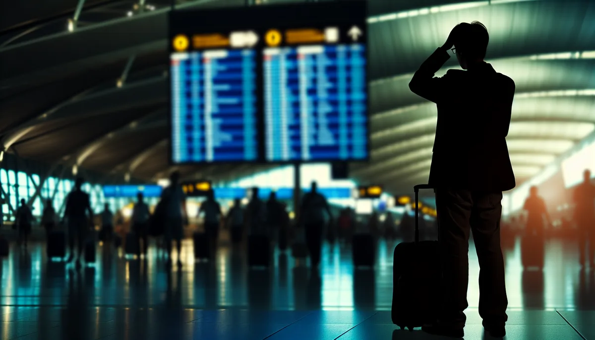 Silhouette of a traveler standing alone in a busy airport terminal with departure boards and crowds blurred in the background, conveying the feeling of being disconnected while traveling