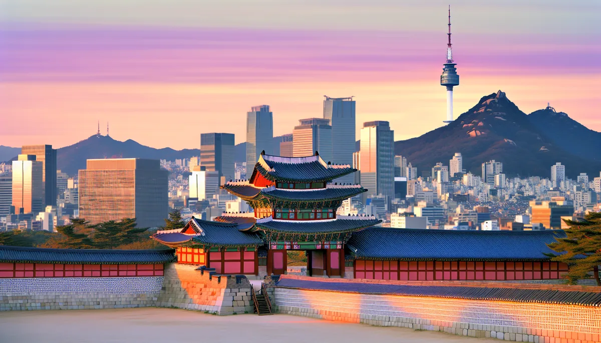 Gyeongbokgung Palace in Seoul with traditional Korean architecture in the foreground and modern city skyline in the background during golden hour