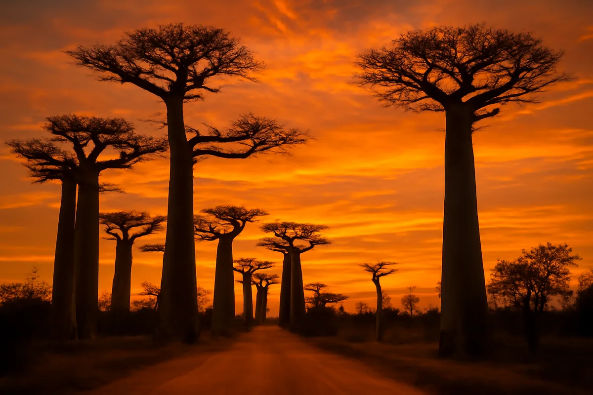 A stunning sunset view of the famous Avenue of the Baobabs in Madagascar, with towering ancient baobab trees silhouetted against a warm golden-orange sky