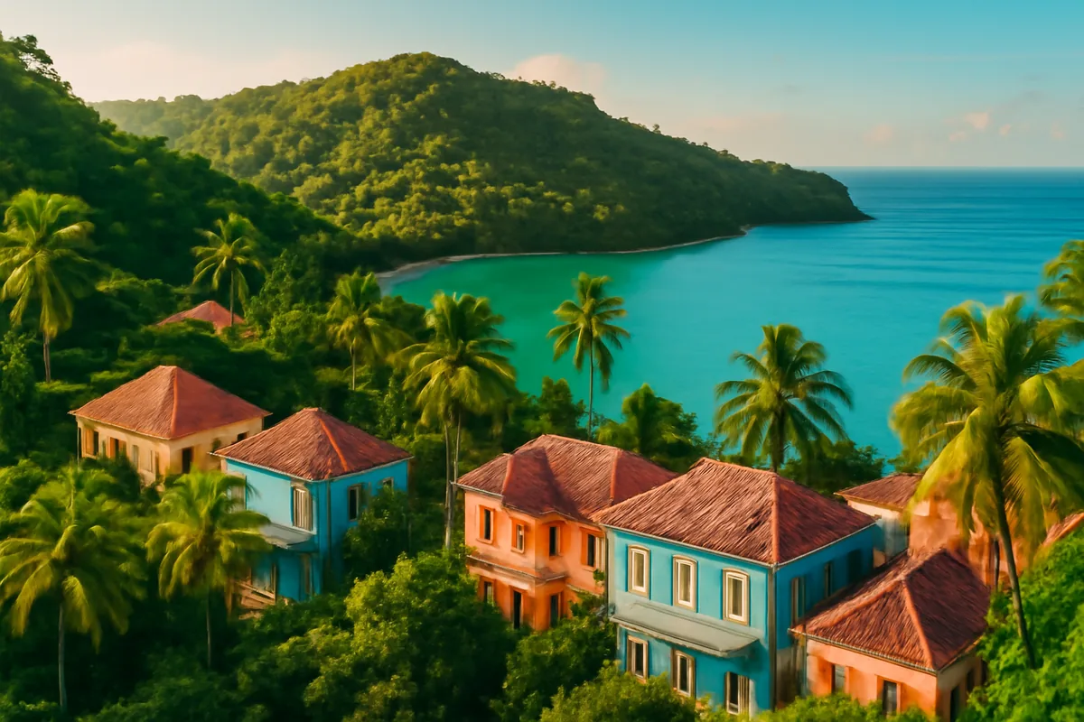 Panoramic view of Martinique's lush tropical hills overlooking a turquoise Caribbean bay with colorful French Creole colonial buildings surrounded by palm trees at golden hour