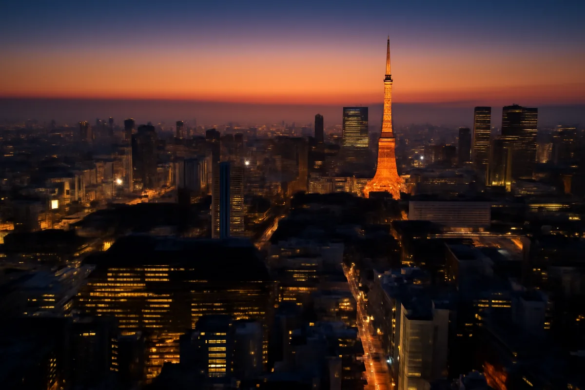 Aerial twilight view of a Japanese city skyline with glowing streets and warm city lights stretching into the horizon under a deep blue and amber sky