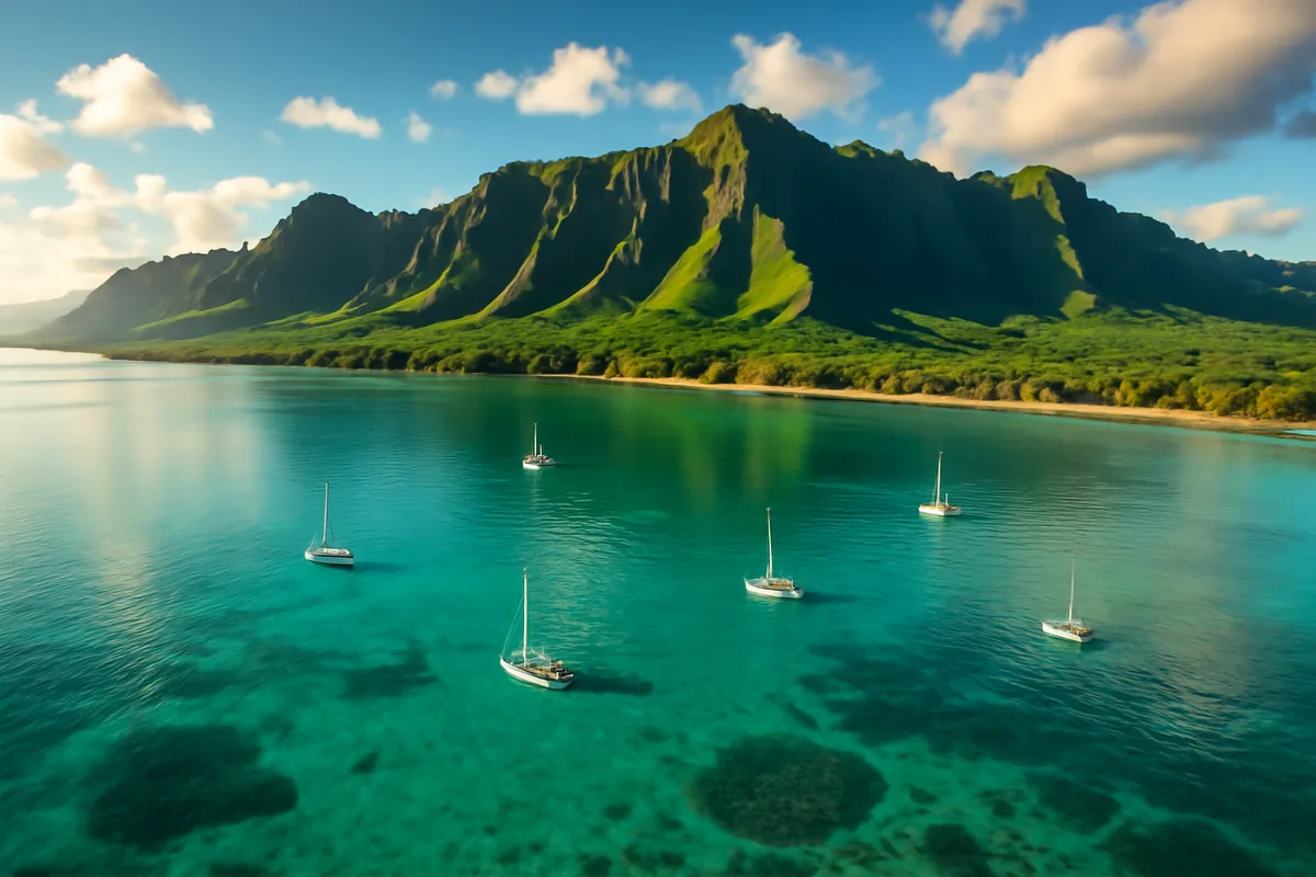 Aerial panoramic view of a stunning Hawaiian bay with turquoise waters, lush volcanic mountains, and sailboats under golden afternoon sunlight