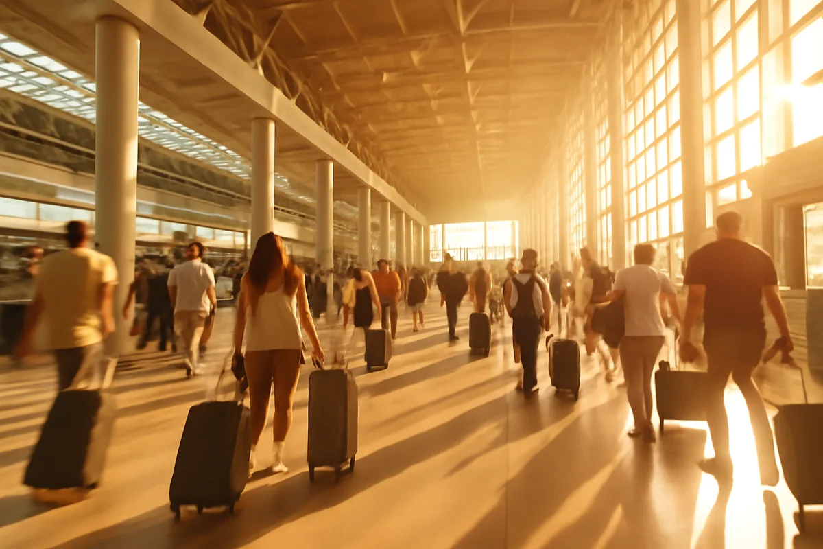 A busy international airport departure terminal filled with summer travelers and luggage, bathed in warm golden light streaming through floor-to-ceiling windows