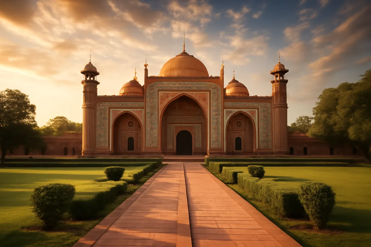 A stunning view of a grand Mughal-era mosque or monument in Pakistan, surrounded by manicured gardens and bathed in warm golden hour light, showcasing the country's rich architectural heritage.