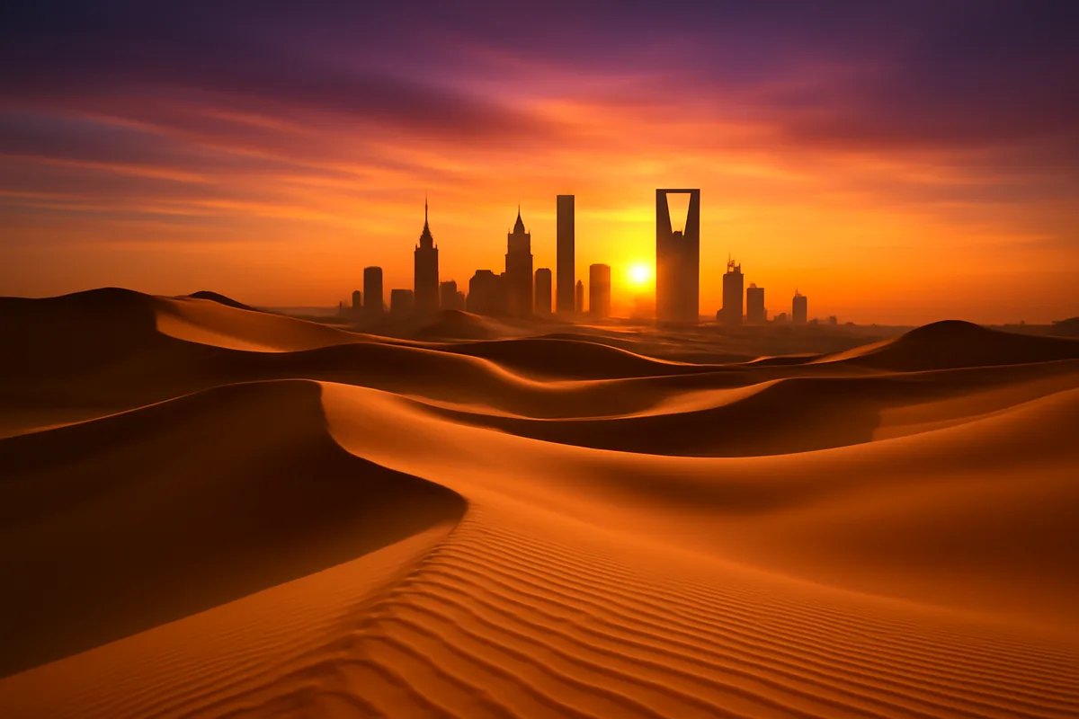 Golden sand dunes stretching toward the modern skyline of Riyadh, Saudi Arabia, bathed in warm sunset light with a dramatic orange and purple sky