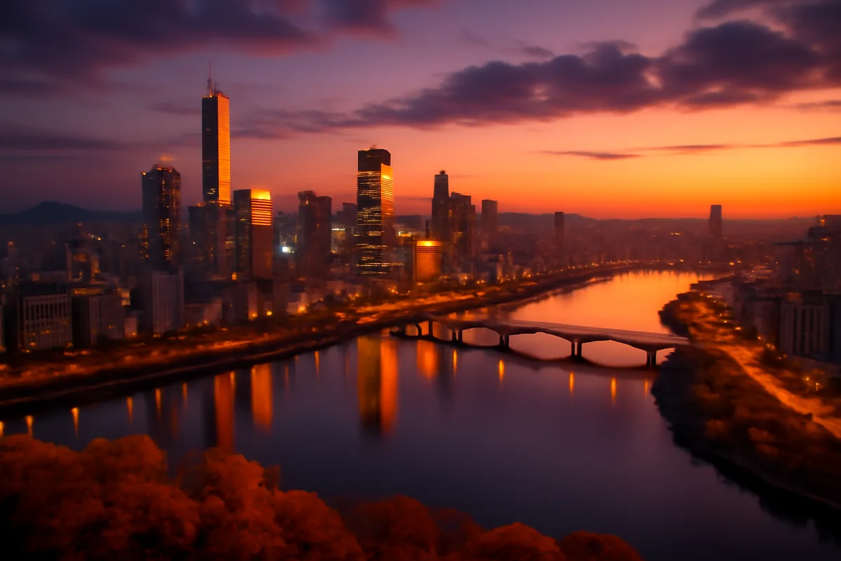 Aerial golden hour view of a glittering Asian city skyline with a river reflection, surrounded by warm autumn tones and a dramatic twilight sky