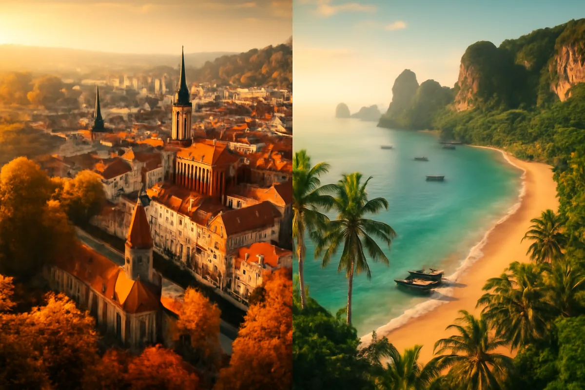 A stunning travel scene combining European autumn architecture and a tropical Southeast Asian beach resort under warm golden September sunlight, representing popular Silver Week holiday destinations for Japanese travelers.