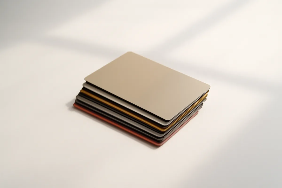 A neatly arranged collection of small plastic cards on a clean white surface, photographed from above in soft natural light
