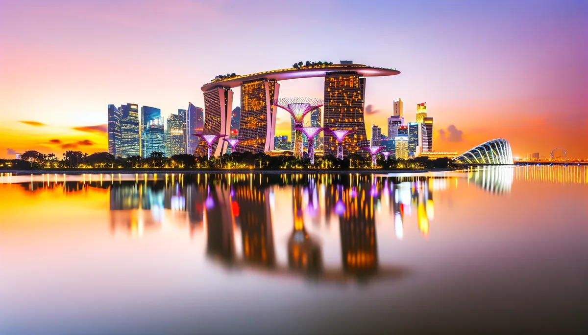 Singapore's iconic Marina Bay Sands hotel and surrounding modern skyline reflected in calm harbor waters during golden hour sunset