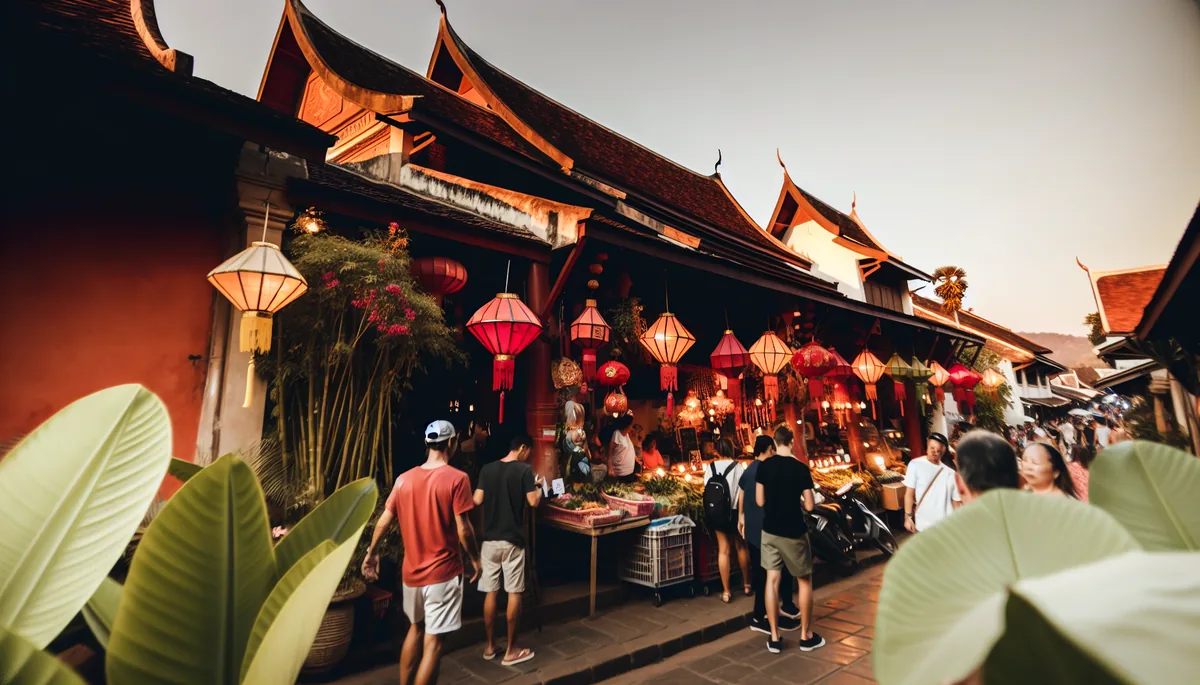 Vibrant Southeast Asian street market scene with colorful lanterns, traditional architecture, and tourists exploring food stalls during golden hour