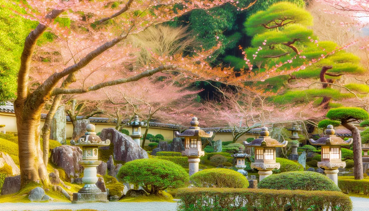 Cherry blossom petals floating over a traditional Japanese garden with stone lanterns during spring season