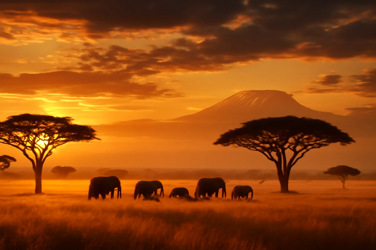 A breathtaking Tanzanian savanna landscape at sunset with acacia trees, golden grasslands, a distant elephant herd, and the silhouette of Mount Kilimanjaro on the horizon