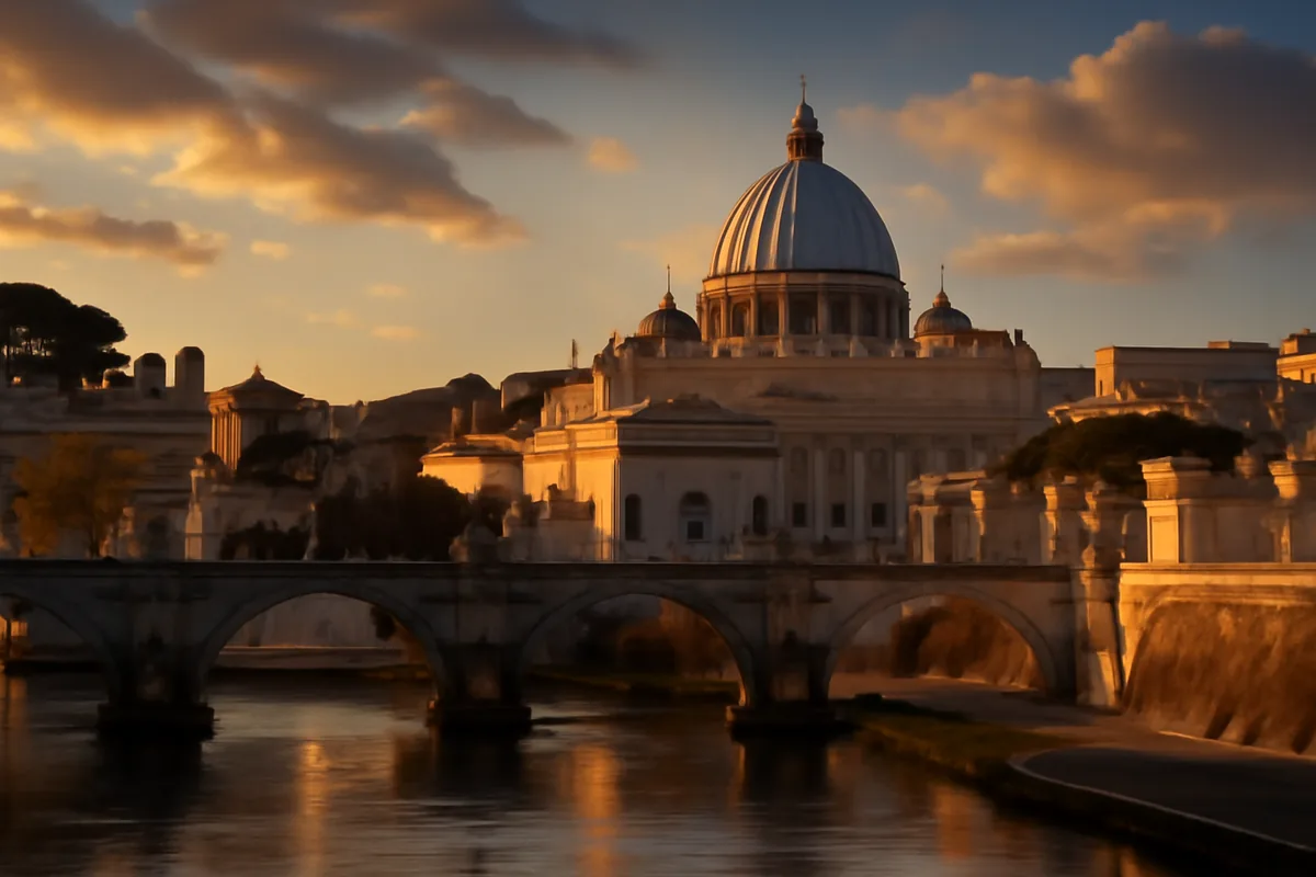 St. Peter's Basilica and Vatican dome at golden hour, reflected in the Tiber River with Ponte Sant'Angelo in the foreground under a warm amber sky