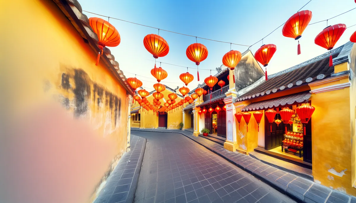 Colorful traditional Vietnamese street in Hoi An with hanging red lanterns, yellow colonial architecture, and warm golden lighting