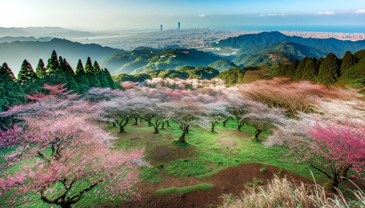 Cherry blossom trees blooming at Yangmingshan National Park with Taipei cityscape in the background during spring season