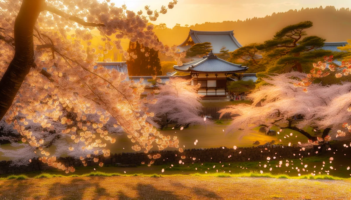 Cherry blossom trees in full bloom surrounding a traditional Japanese temple during spring, with soft pink petals and warm golden lighting