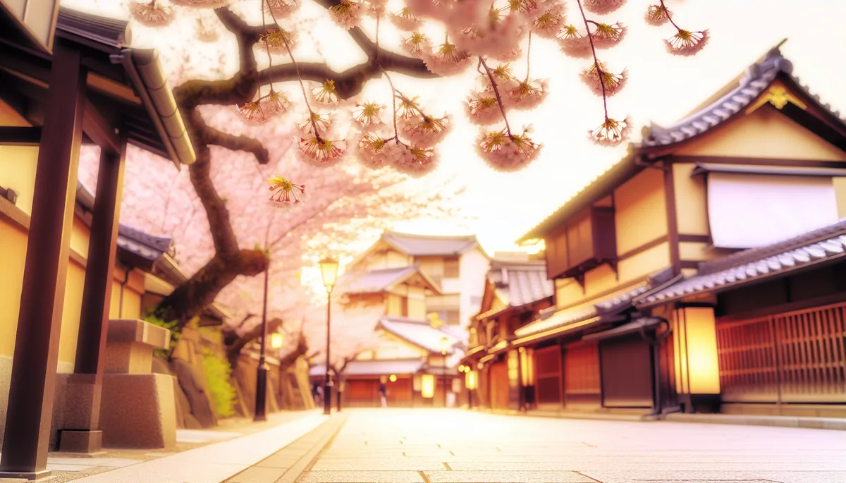 Cherry blossom trees in full bloom along a picturesque street with European architectural elements, captured during golden hour with soft pink petals floating in the air