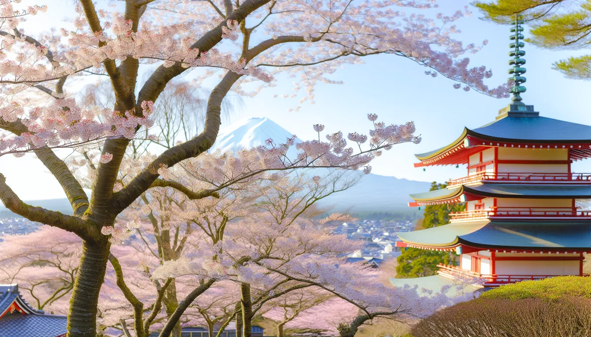 Cherry blossom trees in full bloom surrounding a traditional Japanese pagoda with Mount Fuji in the background during spring season