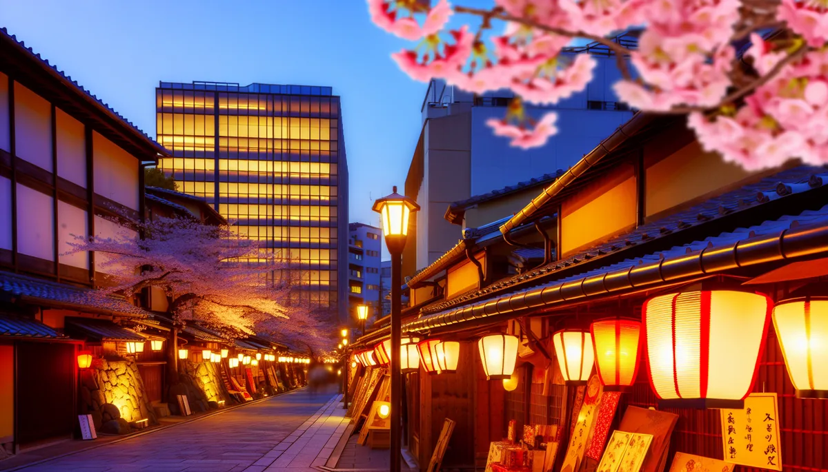 Beautiful Japanese street scene with cherry blossoms, traditional lanterns, and modern architecture during golden hour