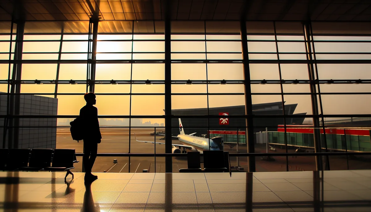 Silhouette of a traveler at an airport departure gate with planes visible through windows during golden hour