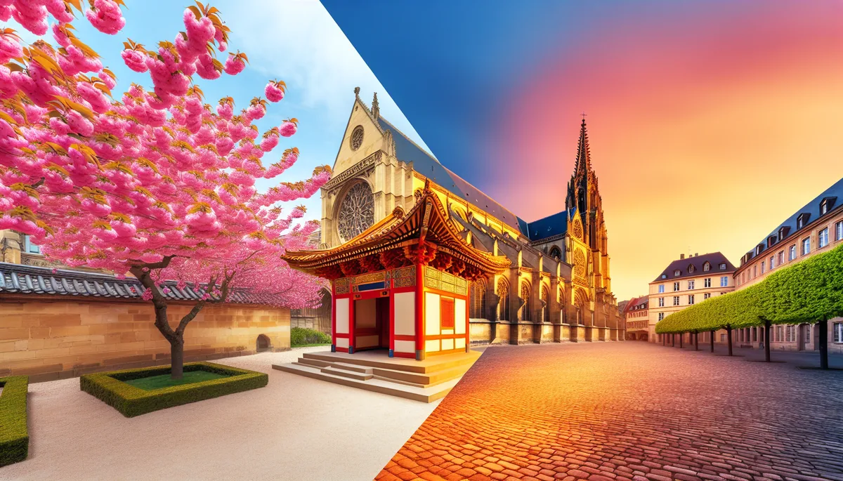 Split composition travel photograph showing Asian temple with cherry blossoms on the left side and European cathedral with cobblestone square on the right side, captured during golden hour