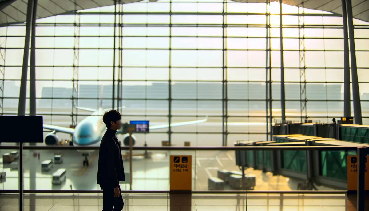 Silhouette of a traveler at an airport departure gate with airplanes visible through windows during golden hour