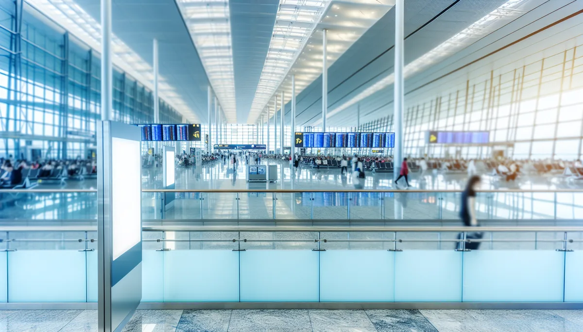 Modern international airport terminal with travelers walking through glass corridors, destination boards in background, natural lighting