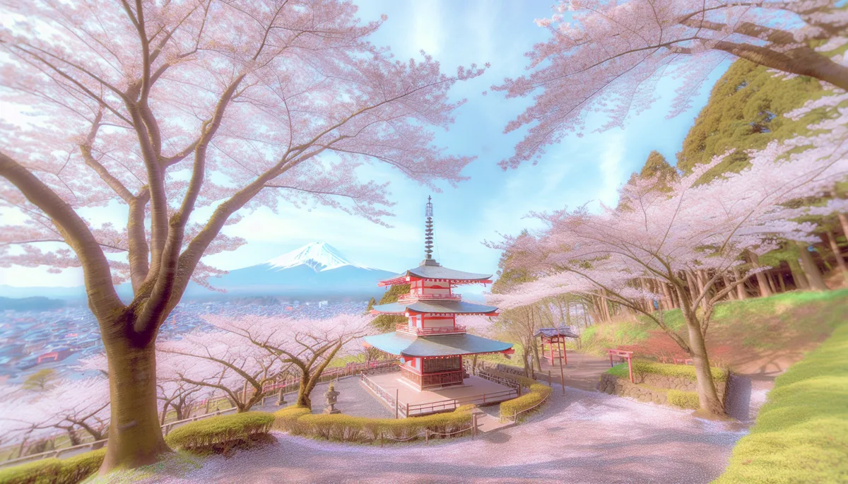 Beautiful cherry blossom trees in full bloom framing a traditional Japanese pagoda with Mount Fuji in the background during spring season
